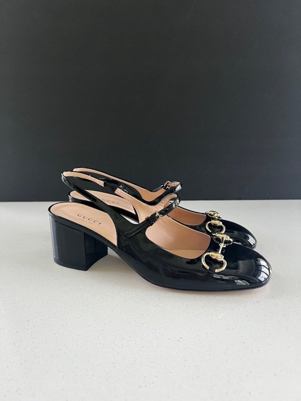 GUCCI Horsebit 42MM black Patent Leather Slingback Pumps heels SIZE 37.5 - Picture 2 of 10
